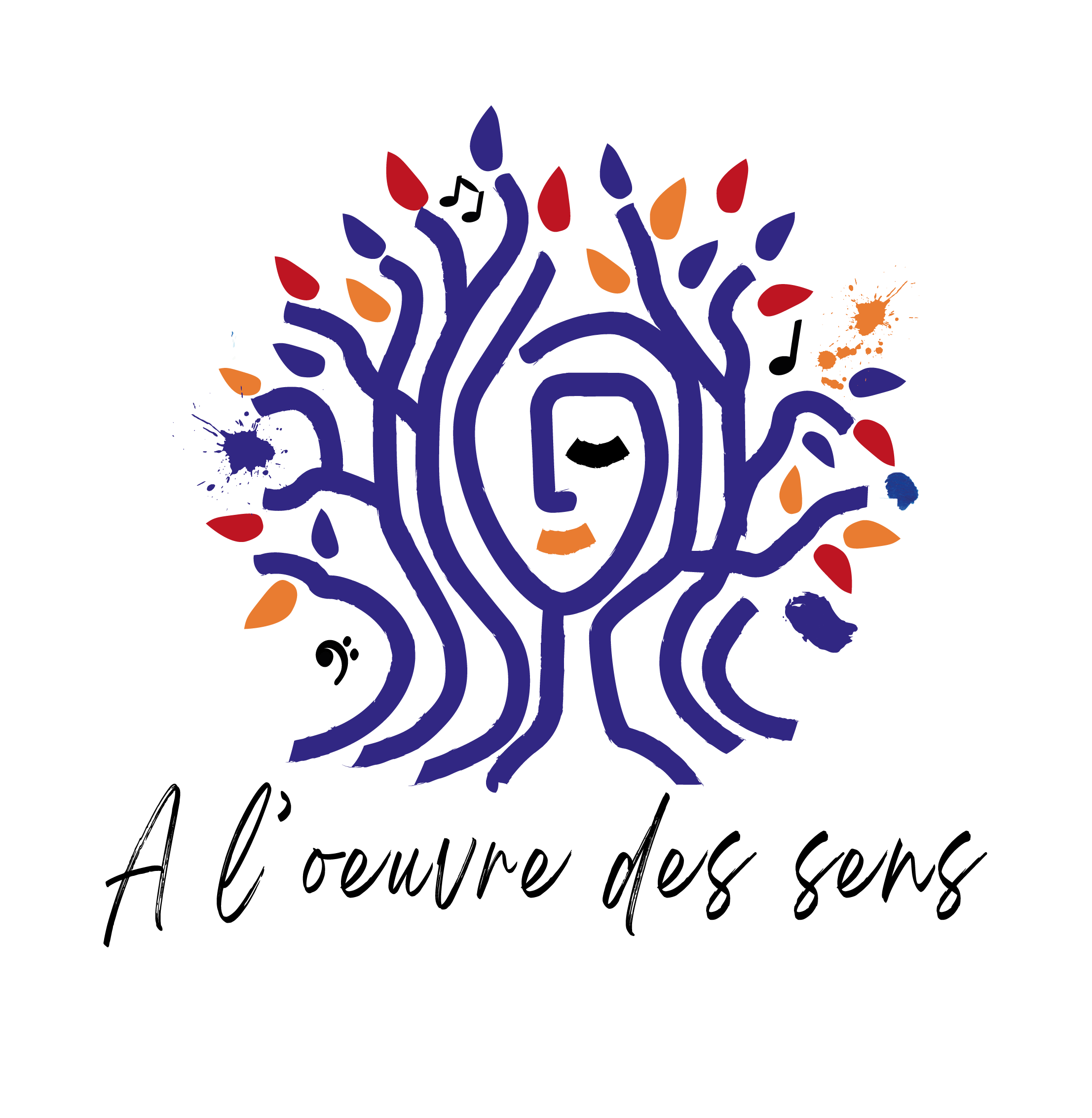 Design représentant un arbre indigo avec au centre un demi masque avec un seul oeil fermé- Les feuilles sont des notes de musique et elcaboussures de peintures corail, rouge, noire