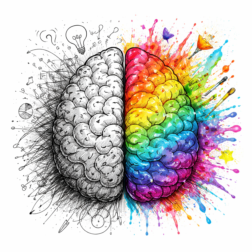 Photo représentant un cerveau ayant une partie  noire et blanche ( partie rationnelle),  et une aprtie coloré avec éclaboussures de peinture ( créativité)