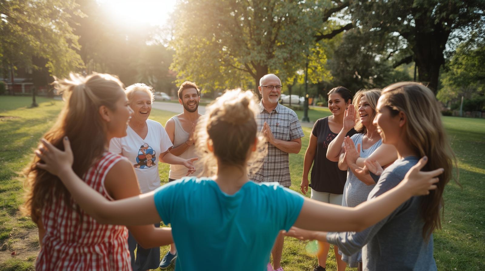 Groupe uni par le yoga du rire. Se tenant par les épaules en cercle