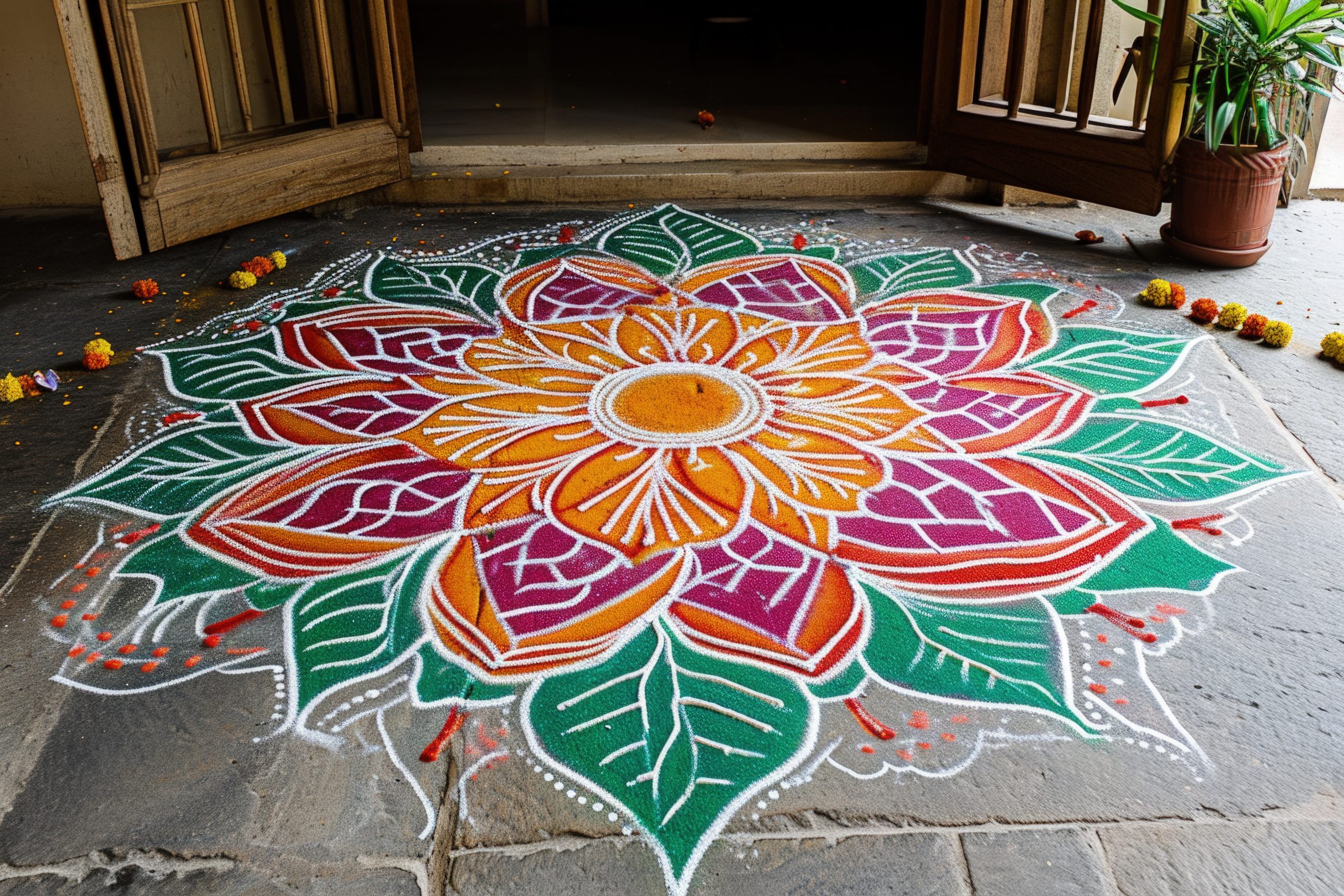 Mandala coloré , réalisé au sol avec des poudres de couleurs vives
